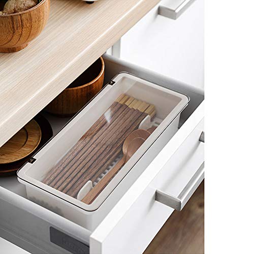 Large Flatware Tray Kitchen Drawer Organizer With Lid And Drainer - Plastic Kitchen Cutlery Tray and Utensil Storage Container with Cover - Dinnerware Holder White - color: White+gray