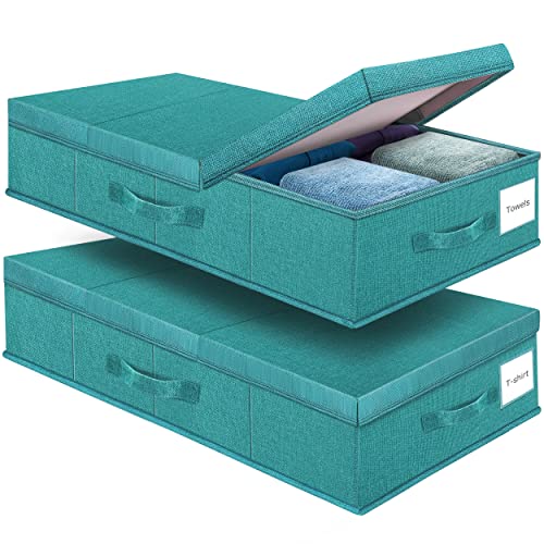 Supowin Underbed Storage Containers Bin with Lids (2pcs) Large Under Bed Storage Organizer Box with Handle, Foldable Under the Storage Bags for Organizing Clothes, Shoes, Blankets, Pillows-Cyan blue - color: I-Cyan blue