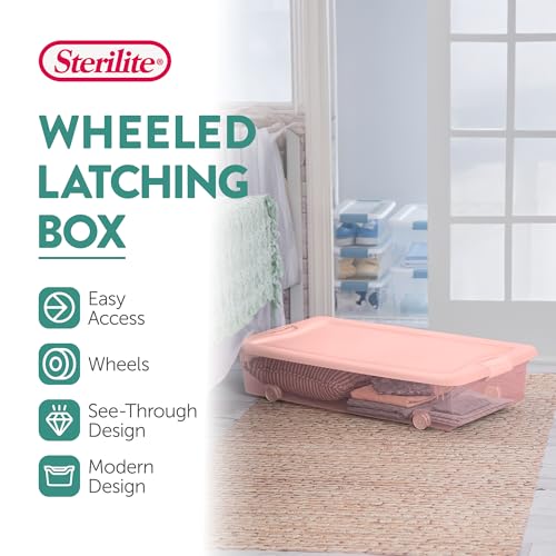 Sterilite 12 Pack Wheeled Under Bed Storage Container, 56 Qt Plastic Bin w/Latching Lid for Organization - Clothes & Shoes Organizer, Pearl Blush Tint - color: Pink, size: 12 Pack