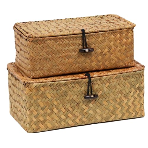 Set of 2 Wicker Basket with Lid, Seagrass Woven Basket for Storage, Decorative Storage Baskets Bins for Organizing Home - size: 10.23" x 6.3" x 4.13"+ 9.05" x 5.11" x 3.34"
