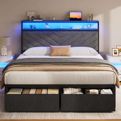Fluest Full Bed Frame with 2 Drawers, Upholstered Headboard with Storage and Charging Station, LED Lights, Fabric Drawers with Wheels, Under Bed Storage, No Box Spring Needed, Easy Assembly, Grey - size: Full