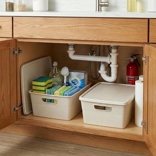 BINO | Plastic Storage Bins with Lids, 13 Liter - 3 Pack, Natural | THE BRAIDED COLLECTION | Plastic Bins for Organization Woven Storage Baskets for Organizing Pantry Shelf Organizer Basket Bin - color: Natural, size: 13L | 3-Pack