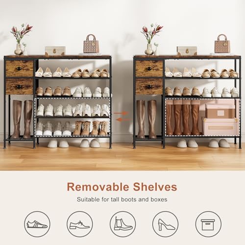 5-Tier Shoe Rack with 2 Fabric Drawers, Metal Frame and Wooden Board Shoe Organizer for 16-20 Pairs of Shoes, Shoe Shelf with Boots Storage for Entryway Closet Rustic Brown - color: Rustic Brown