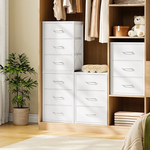 CHOEZON Stackable Storage Drawers for Closet, 3 Drawer Dresser with Wooden Top, Fabric Clothes Organizers with Metal Handles, Closet Organizer with 3 Drawers for Bedroom, Living Room, White TCW31WB - size: 11.8"D x 15.7"W x 23"H (3 Drawers)