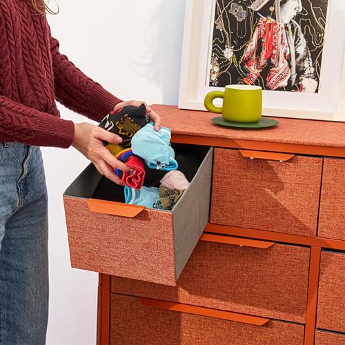 tinge Naima Premium Fabric Dresser - Strong Metal Frame, 10 Spacious Sag-Proof Drawers with Sleek Metal Handles - Premium & Durable Storage Solution for Your Home (Orange) - color: Golden Hour (Orange), size: 14"D x 39.2"W x 35.8"H (10 Drawers)