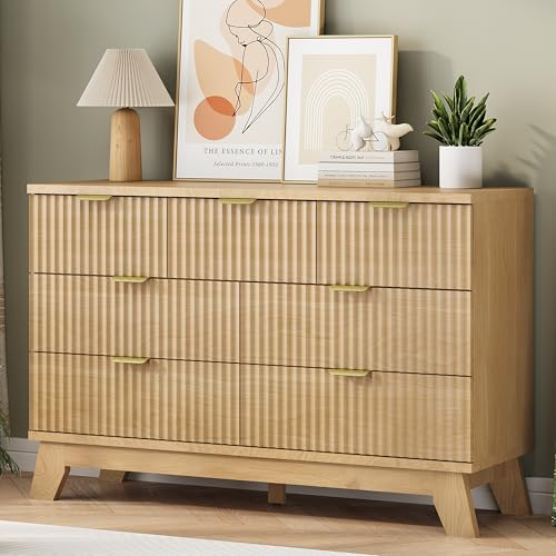 Fluted Dresser for Bedroom with 7 Drawers, 48" Wide Modern Chest of Drawers with Metal Handle, Wood Dresser TV Stand, Wooden Closet Clothes Storage Organizer for Living Room, Hallway, Natural Oak - color: Natural Oak, size: 15.6"D x 47.2"W x 30.5"H (7 Dra
