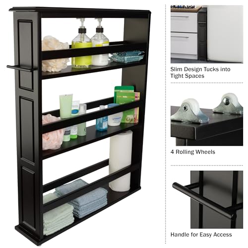 Lavish Home 3-Tier Slim Rolling Storage Cart - 25” x 5.7” Narrow Rolling Cart with Handle and Wheels for Bathroom, Laundry Room, and Kitchen Organization - Pull-Out Home Organizers (Black) - color: Black, size: 25”W x 5.7”D