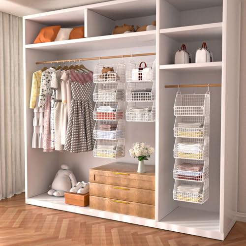 PUPPYCUTE Hanging Closet Organizer and Storage, Clothes Hanging Shelves Wire Baskets for Clothing Sweaters Purse Handbags Shoes White 5 Tier - size: For closet-5 pcs