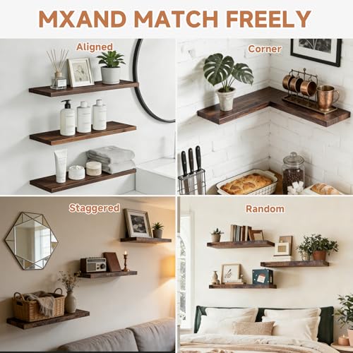 Assembly Easy Floating Shelves Set of 3,24 Inch Wall Mounted Wooden Shelf, Rustic Hanging Shelves for Home Decor, Books and Storage, Organizer for Bedroom,Small Bathroom,Kitchen,Vintage Brown - color: Vintage Brown, size: 24IN