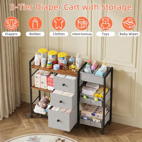 GYIIYUO Diaper Caddy Cart with Storage Fabric Drawers/Open Shelves, Baby Caddy Organizer, 3-Tier Rolling Utility Cart on Wheels for baby nursery essentials,bedside,makeup(Rustic Brown)