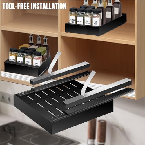 Pull Out Spice Rack Organization for Cabinet, Slide Out Expandable Spice Organizer, Adjustable Spice Cabinet Organizers, Cabinet Size Need: 2.4" Highx10.6" Deepx(6" to 8.2")Wide, Hold 20 Spice Jar