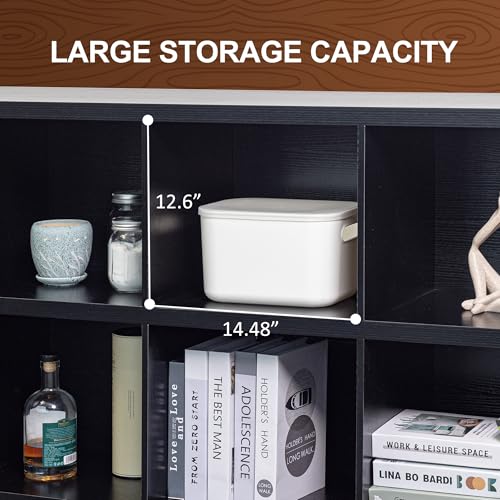 6 Cube Storage Organizer Bookshelf, Industrial Horizontal Bookcase, Accent Cubby Shelf, Media Console Table for Living Room, Home Office, 13.6" D x 47.2" W x 30.9" H, Black - color: Black, size: 6 Cube- 2 Tier