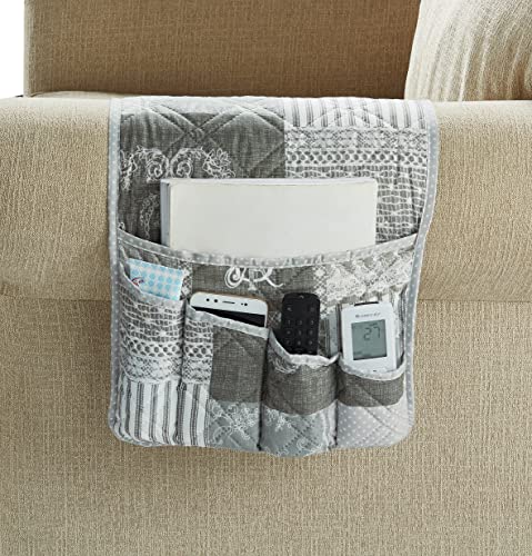 Brilliant Sunshine Grey Floral Patchwork Sofa Armrest 5 Pockets Organizer, Slip Resistant Recliner Armchair Caddy, Washable Remote Controls Holder, Storage for Magazine, Tablet, iPad, 35×13", Grey - color: Light Grey