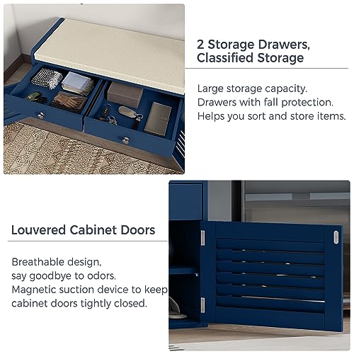 WARMHONIU Shoe Storage Bench with 2 Drawers, Entryway Bench with Cushion, Adjustable Shelves, Shoe Rack Bench with Louvered Doors for Entryway, Bedroom, Hallway, Blue - color: Blue, style: 2 Drawers Storage