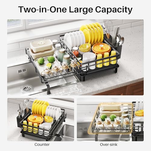 SNTD Dish Drying Rack - Extendable Dish Rack, Large Sink Drying Dish Drainer for Kitchen Counter, Stainless Steel Dish Strainer with Utensil Holder (Black) - color: Black