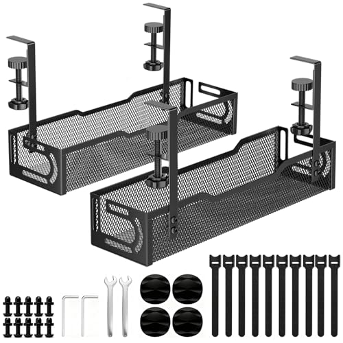 2Pack Under Desk Cable Management Tray, No Drill Mesh Desk Cable Tray, Wire Management Tray Cable Management Rack, Wire Organizer and Cable Management Box (Black) - color: 2Pack-Black (15.3''+15.7'')