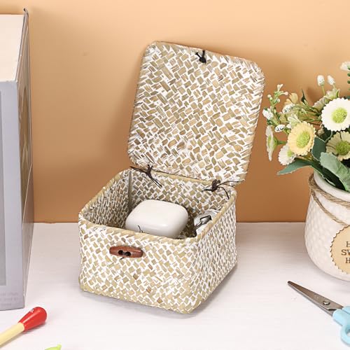 Hipiwe Handwoven Seagrass Basket Decorative Shelf Basket with Lid Mini Wicker Storage Box for Key Hair Ties, Whitewash 4.7" x 4.7" x 3" - color: Whitewash color, size: 4.7" x 4.7" x 3"