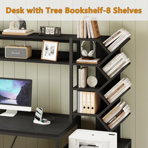 YOMILUVE L Shaped Desk with Hutch, Reversible Computer Desk with Drawers and Bookshelf, Home Office Desks with Storage Shelves for Bedroom Home Office, Black - color: Black