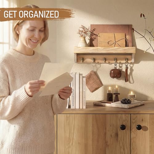 Rebee Vision Farmhouse Pine Wood Key Holder Wall Mount for Room Decor - Rustic Key Holder for Wall with Shelf for Small Plant and Cute Things - Ideal Entryway Organizer in House (Natural Wood) - color: Natural Wood