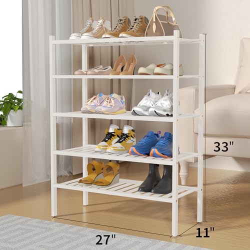 ROMGUAR CRAFT 5 Tier Bamboo Shoe Rack for Closet Free Standing Wood Shoe Shelf for Entryway Small Space Stackable 27"x11"x33" (White) - color: White, size: 5 tier