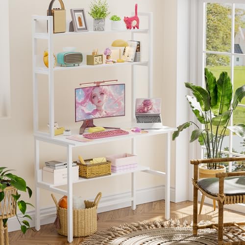 Aquzee Computer Desk with Hutch, 40“W x 19.6" D Desk with Shelves, Tall Home Office Desk with Bookshelf, Metal Legs Study Table with Upper Storage Shelf for Study Writing/Workstation, White - color: White, size: 40inch