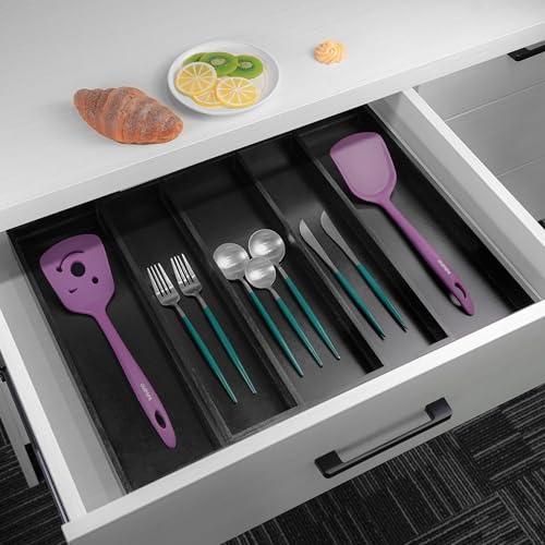 Utoplike Bamboo Drawer Organizer Kitchen Utensils, Adjustable Black Silverware Holder and Cutlery Tray Organiser, Expandable Drawer Divider for Flatware, Knives in Kitchen, Bedroom, Living Room - color: Black, size: Large