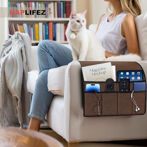 Remote Holder for Recliner Armchair & Couch, Non Slip Sofa Armrest Organizer Caddy with 6 Pockets Thick Linen Fabric Storage for Tablet, Phone, iPad, Magazine, 19x35 Inches, Brown - color: Brown