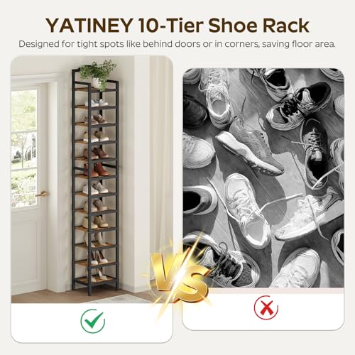 YATINEY 12-Tier Tall Shoe Rack, Vertical Shoe Organizer for Small Spaces, Wooden Shoe Shelf for Entryway, Space Saving Shoe Storage, Holds 12 Pairs of Shoes, Rustic Brown and Black SS52BR - color: Rustic Brown + Black, size: 11" x 11" x 85.8"