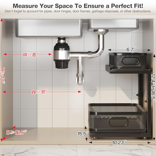 2 Pack Under Sink Organizer With Next-Gen Ball-Bearing Slides,2-Tier Precision Mesh Pull Out Cabinet Shelf Storage for Bathroom&Kitchen,Slide Out Drawers Height Adjustable,Rust-resistant - color: Black, size: 2 Pack-15.5"Dx12.4"-16.5"H