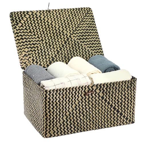 Hipiwe Wicker Shelf Baskets Bin with Lid, Handwoven Seagrass Basket Storage Bins Rectangular Household Basket Boxes for Shelf Wardrobe Home Organizer, Black,X-Large - color: Black, size: X-Large