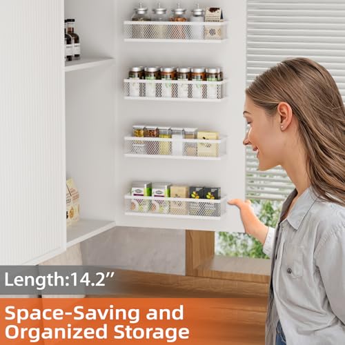 Spice Rack Wall Mount, 4 Pack Wall Spice Rack & Hanging Storage Baskets Organizer Wall Mount, Large Capacity Metal Spice Shelf for Kitchen Cabinet, Pantry Doors, Bathroom, Shower, Home Decor - color: White