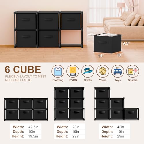 Thyle Large Cube Storage Organizer Shelf with 6 Bins 14 Inch Fabric Collapsible Cubby Storage Drawers Shelving Unit for Christmas Ornaments Clothes Toys Craft(Black,Minimalist) - color: Black, style: Minimalist