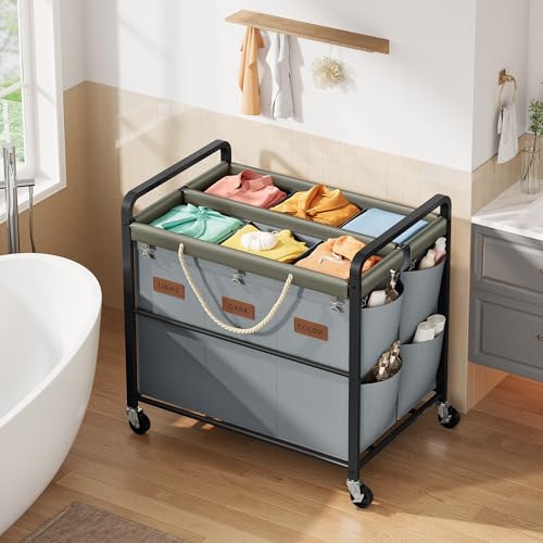 Tajsoon 350L Extra Large Laundry Cart 6 Section, Heavy Duty Laundry Sorter with Lockable Wheels, Laundry Basket with Sturdy Metal Frame, Leather Patchwork Laundry Separated with Removable Bags, Grey - color: Grey, size: 6 Bag 350L