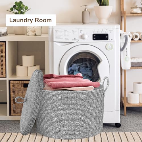21" x 18" Extra Large storage baskets,Decorative blanket basket with lid for Living room,rope baskets with lid,wicker hamper for bedroom,Big,Round,Grey - color: Grey