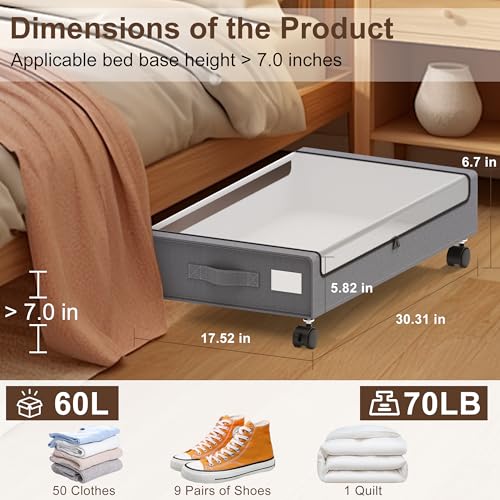 Under Bed Storage with Wheels - 2Pack 60L Underbed Storage Containers with Clear Lid & Label, Rolling Under Bed Storage Bins for Clothes, Shoes, Blankets (XL,Grey) - color: Grey, size: Large