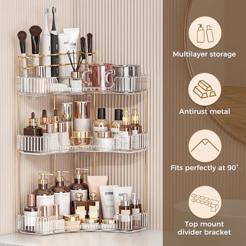 BEFSOP Corner Bathroom Counter Organizer, Upgraded 3-Tier Makeup Organizer Countertop with Makeup Brush Holder, Skincare Exquisite Vanity Organizers Countertop Bathroom Storage Dresser(CLEAR) - color: Clear, size: 3 Tier