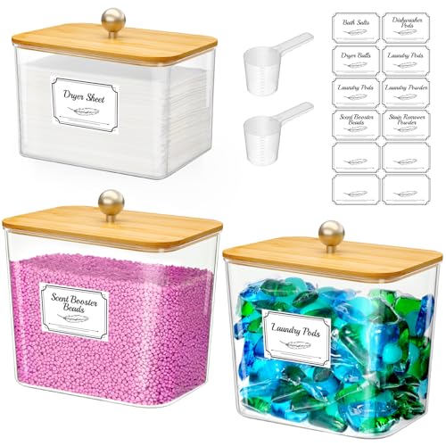 Lifewit Laundry Pods Container with Lid, Dryer Sheet Holder, Room Organization Storage for Coffee Pods Kcup Washing Powder, Scent Booster Beads, 2600 +2000ml/0.53+0.7gal，Natural,3 Pcs - color: Natural, size: 0.53+0.7gal