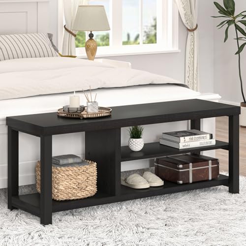 EXCEFUR Shoe Bench, Rustic Wooden Storage Bench for Entryway Hallway, Industrial Indoor Shoe Rack Bench Seat for Living Room Bedroom, 43.3 Inch Black - color: Black, size: 3-Tier