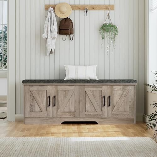 HOMSHO 2-Tier Storage Bench, 47.2" Wide Shoe Bench with Padded Seat Cushion, Entryway Bench with 4 Barn Doors and Adjustable Shelf, Greige - color: Greige, size: 47.2" Wide