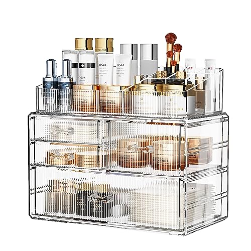 ZHIAI Stackable Storage Drawer, Acrylic Organizer, Cosmetic Organizer for Dresser, Vanity, Kitchen Cabinet, Bathroom, Under Sink, Home Organization and Storage (1 Top 3 Drawers) - color: (1 Base, 3 Drawers) with Top
