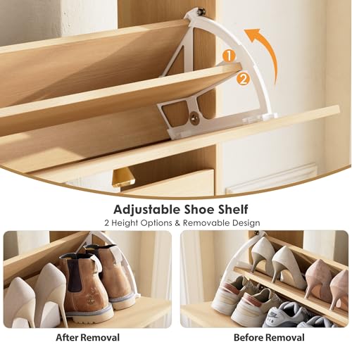 Nicetree Shoe Cabinet with 2 Flip Drawers，Freestanding Shoe Storage Cabinet, Narrow Shoe Organizer Cabinet, Farmhouse Slim Shoe Rack Cabinet for Entryway,Natural Oak with Hook - color: Natural Oak, style: 3-Drawers with Hook
