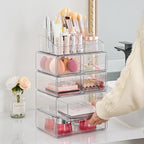 Vtopmart 5 Tier Clear Makeup Organizer with Drawer, Cosmetic Storage for Dresser Countertop and Bathroom Vanity, Beauty Holder for Lipstick Brush Skincare - style: 5 Tier (2 Sizes Drawer)