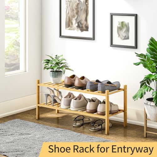 2-Tier Bamboo Shoe Rack for Entryway, Stackable | Heavy Duty | Multi-Function, Free Standing Shoe Racks for Bedroom Hallway Closet - color: Natural, size: 2-Tier-Standard