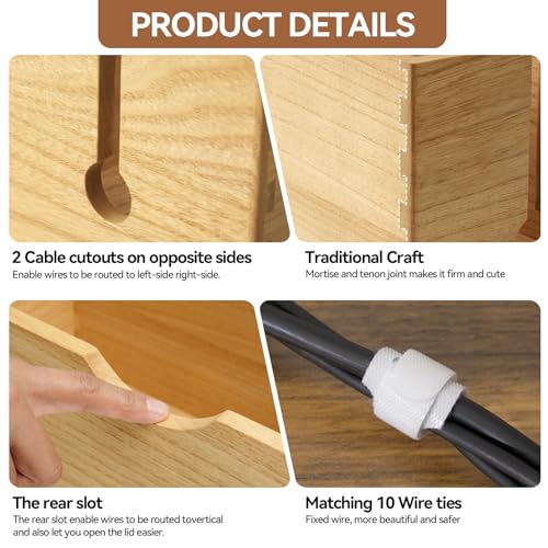 KIRIGEN Wooden Cable Management Box Set of 2 - Solid Wood Large & Small Cord Organizer Hides Power Strips, Chargers & Wires for Desk, TV Stand, Home Office DXH2T-NA - color: Natural