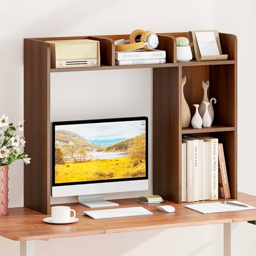 Tangkula Desktop Bookshelf, Countertop Storage Hutch with Shelves for Computer Desk, Desk 3-Tier Display Rack, Multipurpose Wood Desktop Hutch Storage Organizer for Dorm Office (Walnut,5 Shelves) - color: Walnut, size: 5 Shelves
