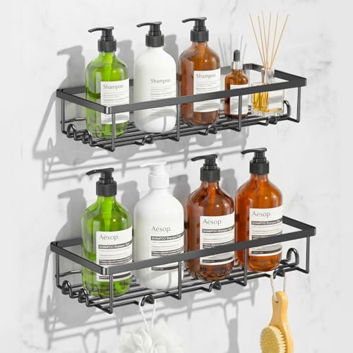 Shower Shelves for Inside Shower, 2 Pack Adhesive Bathroom Caddy Organizer Basket Rack for Storage and Organization, Wall Suction Bath Bathtub Shampoo Holder Set for RV Camper, Black - color: Black, size: Large 2 Pack