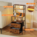 Furnulem Night Stand, Tall Nightstand with 4-Tier Shelves, 2 Fabric Drawers and LED Lights, Bed Side Tables with Charging Station, Bedside Table for Bedroom, Office, Rustic Brown - color: Rustic Brown, size: 2 Drawer
