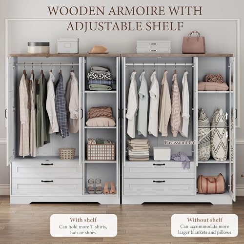 Brafab 62" Wooden Armoire Wardrobe Closet with 3 Doors and Drawers, Standing Bedroom Storage Armoires Cabinet with Hanging Rod for Hanging Clothes, Coat Closet Organizer with Shelves and Mirror, White - color: White, size: 3 Doors