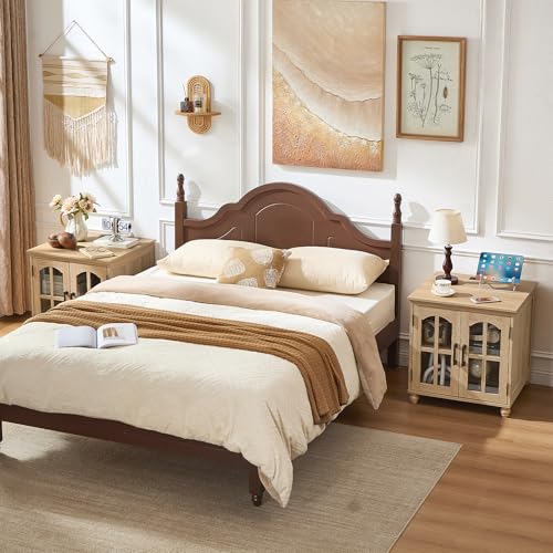 RWYHG Farmhouse End Table with Charging Station,24" Large Sofa Side Table with Glass Barn Door,Rustic Wood Night Stand with Adjustable Storage Shelf,Square Bedside Table for Living Room,Bedroom Office - color: Natural Wood, size: Set 1