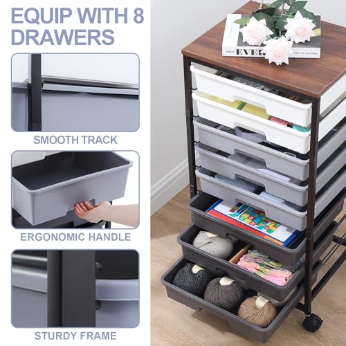 SYKIARIOL Rolling Cart with Drawers,Utility Cart With 8 Drawers and Wooden Tabletop for Living Room,Classroom,Bedroom,Bathroom,Dorm,Office,Dark Grey - color: Gray